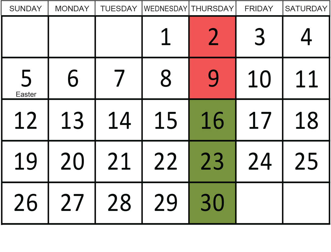 April 2026: Removals occur on the 16th, 23rd, and 30th.