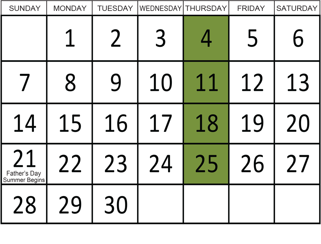 June 2026: Removals occur on the 4th, 11th, 18th, and 25th.