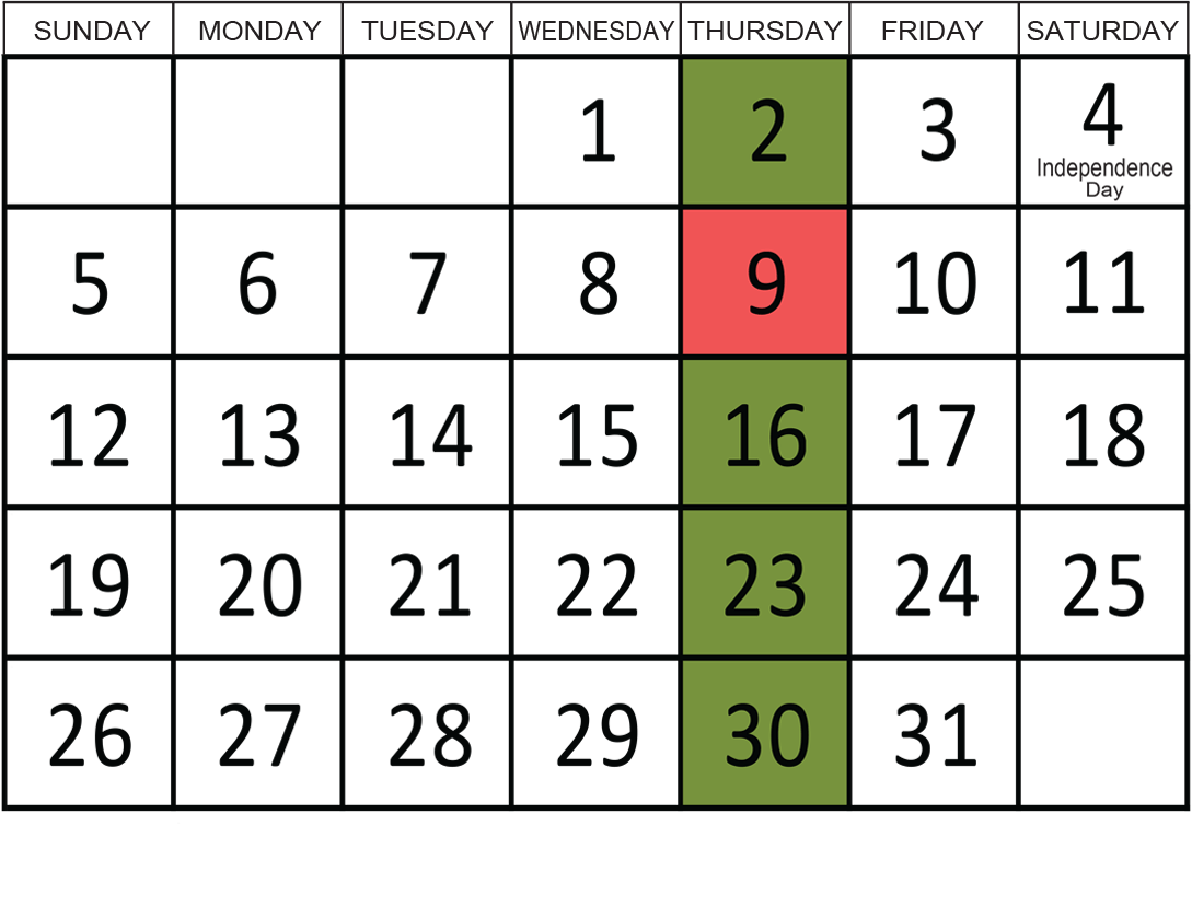 July 2026: Removals occur on the 2nd, 16th, 23rd, and 30th.