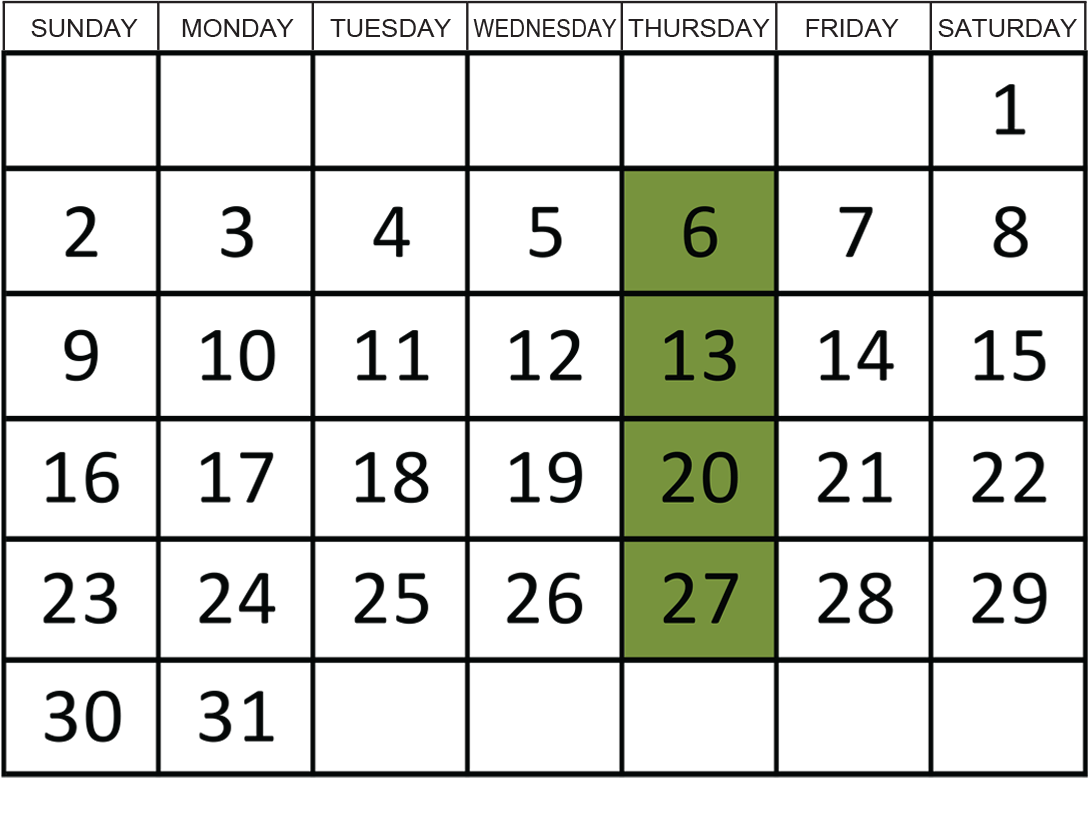 August 2026: Removals occur on the 6th, 13th, 20th, and 27th.