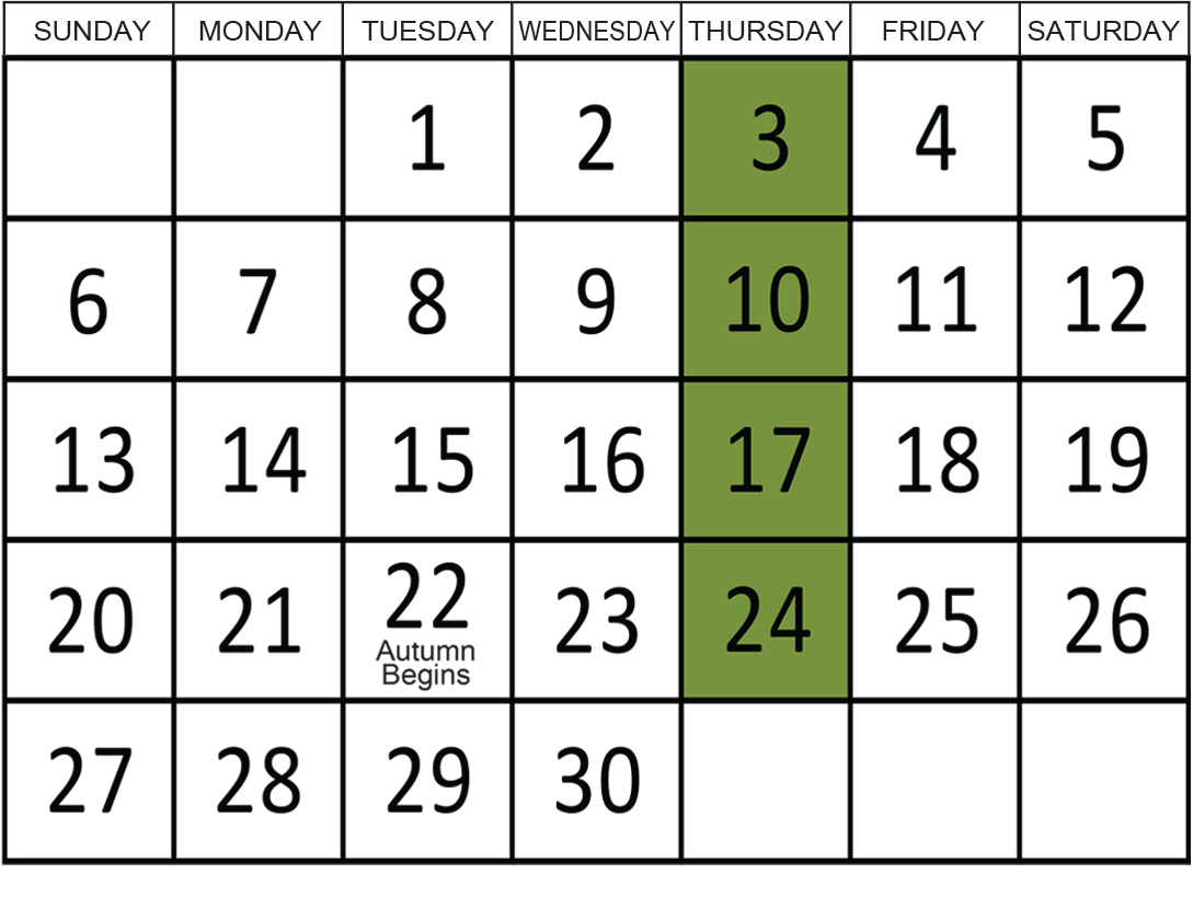 September 2026: Removals occur on the 3rd, 10th, 17th, and 24th.