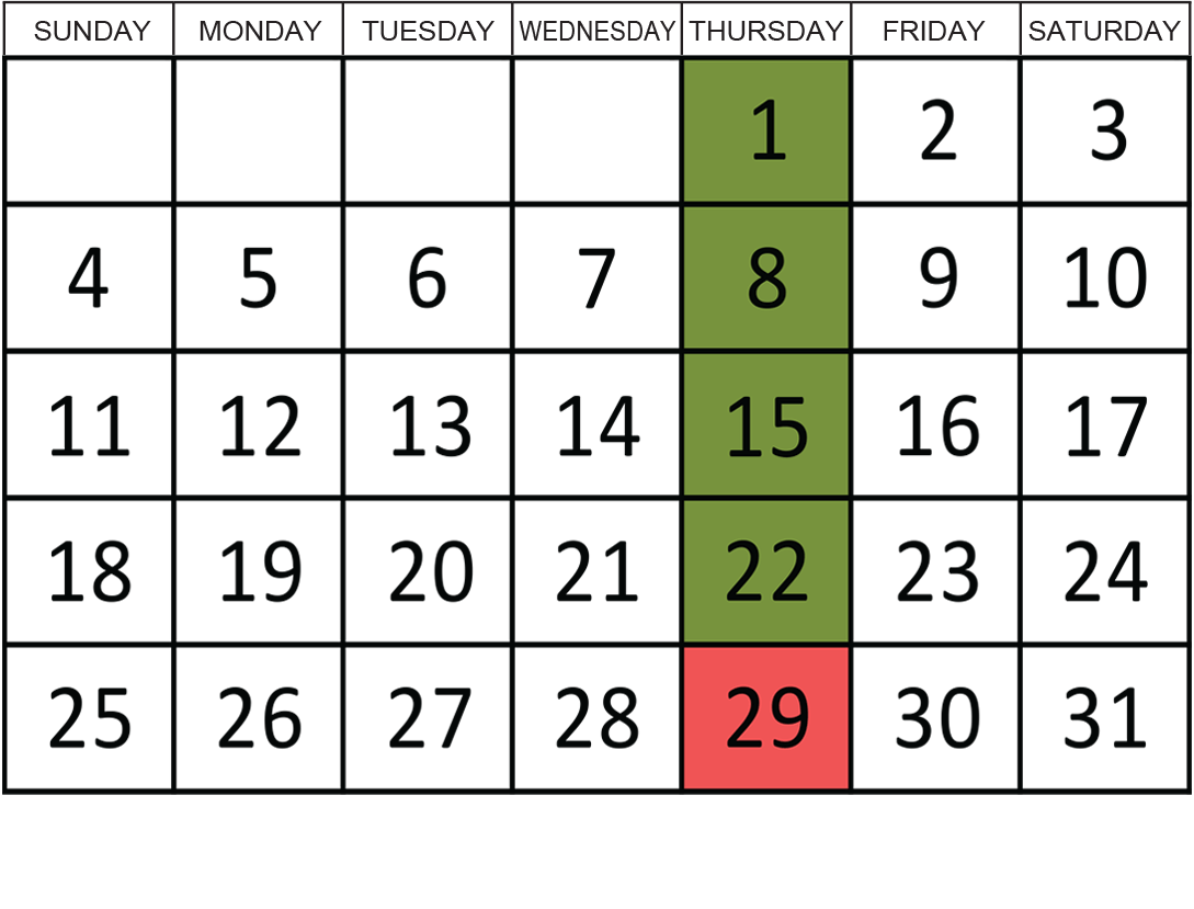 October 2026: Removals occur on the 1st, 8th, 15th, and 22nd.
